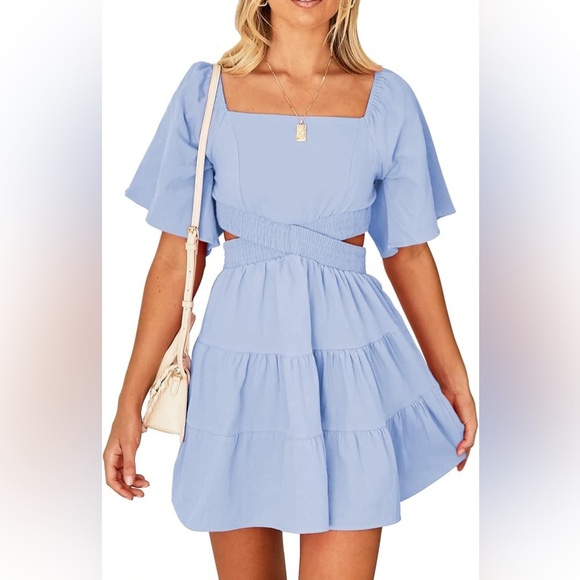 Shy Velvet Summer Dress Square Neck Short Sleeves Crossover Size Small Blue EUC - Picture 4 of 8